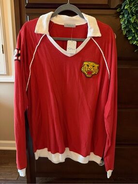 Red Long-Sleeve V-Neck Polo Top with White Trim